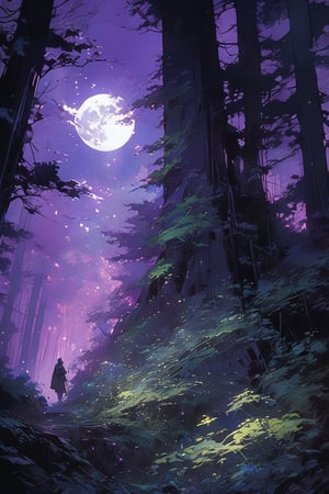 On a full moon night in a supernatural forest, Metallic_Vexing_Violet_color, magic, soft lighting, sharp focus, by Marc Simonetti & yoji shinkawa & wlop & james jean, paint drops, rough edges, trending on artstation, studio photo, intricate details, highly detailed, moonrays, detailed brushwork, illustration, epic perfect composition, energetic, dan mumford and anna dittmann