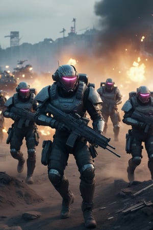 In a war-torn battlefield, a group of soldiers, adorned in cyberpunk-style powered armor and equipped with various gear, advances against fierce enemy artillery. A realistic setting captured in 8K resolution.