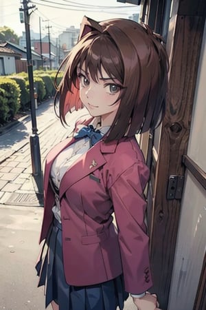 Extremely Realistic, high_res,

smile,  panties, mature_woman, 27 years old, stern expression, frustrated, disappointed, flirty pose, sexy, looking at viewer, scenic view, REALISTIC, Masterpiece, high_res, best quality, 

aamazaki, (antenna hair:1.2), medium breasts, blue bowtie, pink jacket, blazer, long sleeves, blue skirt, pleated skirt, 

school hallway