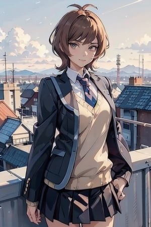 Extremely Realistic, high_res,

smile,  panties, mature_woman, 27 years old, stern expression, frustrated, disappointed, flirty pose, sexy, looking at viewer, scenic view, REALISTIC, Masterpiece, high_res, best quality, 


hmza, short hair, antenna hair, brown eyes, school uniform, blue necktie, black jacket, open jacket, long sleeves, sweater, black skirt, 

school rooftop background