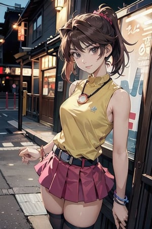 Extremely Realistic, high_res,

smile,  panties, mature_woman, 27 years old, stern expression, frustrated, disappointed, flirty pose, sexy, looking at viewer, scenic view, REALISTIC, Masterpiece, high_res, best quality, 

bbmazaki, ponytail, hair scrunchie, necklace, yellow shirt, sleeveless, bracelet, belt, miniskirt, pink skirt, black thighhighs,

night club