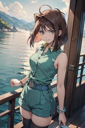 Extremely Realistic, high_res,

smile,  panties, mature_woman, 27 years old, stern expression, frustrated, disappointed, flirty pose, sexy, looking at viewer, scenic view, REALISTIC, Masterpiece, high_res, best quality, 

aamazaki, (antenna hair:1.2), medium breasts, green shirt, sleeveless, bracelet, belt, blue shorts, white thighhighs,

ocean cruise, boat