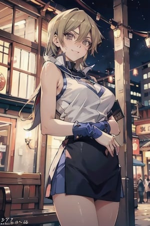 Extremely Realistic, high_res,

smile,  panties, mature_woman, 27 years old, stern expression, frustrated, disappointed, flirty pose, sexy, looking at viewer, scenic view, REALISTIC, Masterpiece, high_res, best quality, 

ta1, white jacket, sleeveless, blue skirt, fingerless gloves, large breasts,

Luxary rooftop cafe, night time
