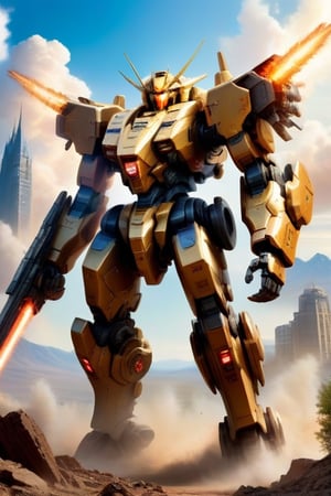 Create an awe-inspiring scene featuring a colossal mech, towering over a war-torn landscape, its metallic frame gleaming in the fiery glow of battle. The mech exudes an aura of power and dominance, adorned with intricate designs and glowing energy cores pulsating with untapped potential. Its massive limbs are equipped with formidable weaponry, crackling with energy ready to unleash devastation upon its enemies. Surrounding the mech are swirling clouds of dust and debris, stirred up by the sheer force of its movements, as it strides forward with an unstoppable determination, a symbol of unstoppable might in the midst of chaos