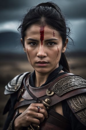 The photo captures a female warrior with her arm severed, blood flowing profusely. The scene is illuminated by a soft, ethereal light, highlighting the gruesome injury. The landscape around her is desolate, with dark storm clouds looming overhead, adding to the sense of tragedy and despair. The weather is cold and dreary, mirroring the grim reality of the warrior's situation. Despite the darkness, a sense of resilience and determination can be seen in her eyes, as she bravely faces the challenges ahead.