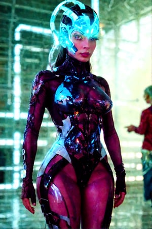 (best quality,4k,8k,highres,masterpiece, FX Cinematic-Realism) (Ultra-detailed photorealistic) emerging from a futuristic portal In a neon-lit cityscape of towering skyscrapers and flickering holographic advertisements, a sexy cyberpunk Scarlett Girl emerges from a AI capsule. She possesses an edgy and futuristic style, with detailed vibrant hair dyed in shades of electric blue or neon pink. Her detailed eyes, enhanced with cybernetic implants, shimmer with a hint of mystery. Adorned with intricate cybernetic tattoos that glow softly under UV light, she exudes an air of rebellion and resilience. Her attire reflects the fusion of technology and fashion, as she dons a sleek, form-fitting bodysuit embedded with luminescent circuitry. The suit seamlessly integrates with her cybernetic enhancements, enhancing her physical capabilities. She accessorizes with augmented reality glasses that display a constant stream of data and overlays, allowing her to navigate the digital realm effortlessly. With a sharp intellect and a quick wit, this cyberpunk girl is a skilled hacker and an expert in various forms of advanced technology. Her resourcefulness and adaptability make her a formidable ally or a cunning adversary in the ever-evolving urban landscape of the cyberpunk world.,Mecha body,shodanSS_soul3142,portrait,furure_urban, Energy light particle mecha,xuer hologram Laser dress,Mecha,neon background