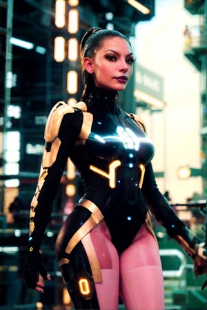(best quality,4k,8k,highres,masterpiece, FX Cinematic-Realism) (Ultra-detailed photorealistic) emerging from a futuristic portal In a neon-lit cityscape of towering skyscrapers and flickering holographic advertisements, a sexy cyberpunk Scarlett Girl emerges from a AI capsule. She possesses an edgy and futuristic style, with detailed vibrant hair dyed in shades of electric blue or neon pink. Her detailed eyes, enhanced with cybernetic implants, shimmer with a hint of mystery. Adorned with intricate cybernetic tattoos that glow softly under UV light, she exudes an air of rebellion and resilience. Her attire reflects the fusion of technology and fashion, as she dons a sleek, form-fitting bodysuit embedded with luminescent circuitry. The suit seamlessly integrates with her cybernetic enhancements, enhancing her physical capabilities. She accessorizes with augmented reality glasses that display a constant stream of data and overlays, allowing her to navigate the digital realm effortlessly. With a sharp intellect and a quick wit, this cyberpunk girl is a skilled hacker and an expert in various forms of advanced technology. Her resourcefulness and adaptability make her a formidable ally or a cunning adversary in the ever-evolving urban landscape of the cyberpunk world.,Mecha body,shodanSS_soul3142,portrait,furure_urban, Energy light particle mecha,xuer hologram Laser dress,Mecha