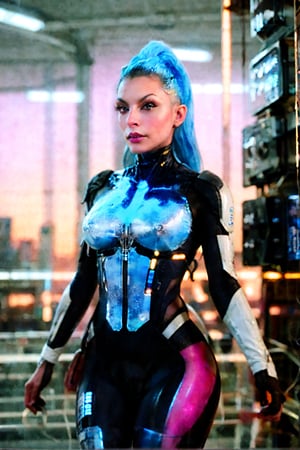 (best quality,4k,8k,highres,masterpiece, FX Cinematic-Realism) (Ultra-detailed photorealistic) emerging from a futuristic portal In a neon-lit cityscape of towering skyscrapers and flickering holographic advertisements, a sexy cyberpunk Scarlett Girl emerges from a AI capsule. She possesses an edgy and futuristic style, with detailed vibrant hair dyed in shades of electric blue or neon pink. Her detailed eyes, enhanced with cybernetic implants, shimmer with a hint of mystery. Adorned with intricate cybernetic tattoos that glow softly under UV light, she exudes an air of rebellion and resilience. Her attire reflects the fusion of technology and fashion, as she dons a sleek, form-fitting bodysuit embedded with luminescent circuitry. The suit seamlessly integrates with her cybernetic enhancements, enhancing her physical capabilities. She accessorizes with augmented reality glasses that display a constant stream of data and overlays, allowing her to navigate the digital realm effortlessly. With a sharp intellect and a quick wit, this cyberpunk girl is a skilled hacker and an expert in various forms of advanced technology. Her resourcefulness and adaptability make her a formidable ally or a cunning adversary in the ever-evolving urban landscape of the cyberpunk world.,Mecha body,shodanSS_soul3142,portrait,furure_urban, Energy light particle mecha,xuer hologram Laser dress,Mecha,neon background