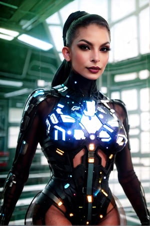 (best quality,4k,8k,highres,masterpiece, FX Cinematic-Realism) (Ultra-detailed photorealistic) emerging from a futuristic portal In a neon-lit cityscape of towering skyscrapers and flickering holographic advertisements, a sexy cyberpunk detailed perfect face Scarlett Girl emerges from a AI capsule. She possesses an edgy and futuristic style, with detailed vibrant hair dyed in shades of electric gray-blue or neon pink.Beauty Futuristic influencer, Fashion androide , femenine, young ia celebrity, young sexy skinny girl, futuristic topmodel with perfect and Trending Glam makeup, femenine makeup blush, beautiful detailed  lipstick, perfectly contoured lips, hollographyc makeup, looking a sweet girl expresion on her face, perfectly detailed ultrarealistic, sleek silhouette. Her detailed eyes, enhanced with cybernetic implants, shimmer with a hint of mystery. Adorned with intricate cybernetic tattoos that glow softly under UV light, she exudes an air of rebellion and resilience. Her attire reflects the fusion of technology and fashion, as she dons a sleek, form-fitting bodysuit embedded with luminescent circuitry. The suit seamlessly integrates with her cybernetic enhancements, enhancing her physical capabilities. She accessorizes with augmented reality glasses that display a constant stream of data and overlays, allowing her to navigate the digital realm effortlessly. With a sharp intellect and a quick wit, this cyberpunk girl is a skilled hacker and an expert in various forms of advanced technology. Her resourcefulness and adaptability make her a formidable ally or a cunning adversary in the ever-evolving urban landscape of the cyberpunk world.,Mecha body,shodanSS_soul3142,portrait,furure_urban, Energy light particle mecha,xuer hologram Laser dress,Mecha, hollogram portal.