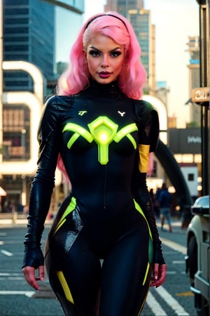 (best quality,4k,8k,highres,masterpiece, FX Cinematic-Realism) (Ultra-detailed photorealistic)  In a neon-lit cityscape of towering skyscrapers and flickering holographic advertisements, a sexy cyberpunk Scarlett Girl emerges from a AI capsule. She possesses an edgy and futuristic style, with detailed vibrant hair dyed in shades of electric blue or neon pink. Her detailed eyes, enhanced with cybernetic implants, shimmer with a hint of mystery. Adorned with intricate cybernetic tattoos that glow softly under UV light, she exudes an air of rebellion and resilience. Her attire reflects the fusion of technology and fashion, as she dons a sleek, form-fitting bodysuit embedded with luminescent circuitry. The suit seamlessly integrates with her cybernetic enhancements, enhancing her physical capabilities. She accessorizes with augmented reality glasses that display a constant stream of data and overlays, allowing her to navigate the digital realm effortlessly. With a sharp intellect and a quick wit, this cyberpunk girl is a skilled hacker and an expert in various forms of advanced technology. Her resourcefulness and adaptability make her a formidable ally or a cunning adversary in the ever-evolving urban landscape of the cyberpunk world.,Mecha body,shodanSS_soul3142,portrait,furure_urban, Energy light particle mecha,xuer hologram Laser dress,Mecha