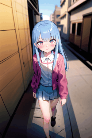 best quality, highres, solo, light_blue_hair, long_hair, pink jacket, skirt, petite, 1girl, closed_mouth, white_shirt, blush, walk_cycle, upper_body, walking, outdoors, crowded, complex_background, perspective, pov