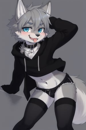 Raff is a grey wolf guy with blue eyes, femboy and is wearing thigh highs and arm sleeves with a black hoodie and shorts on, incredibly horny, mouth wide open smiling with tongue out, he's wearing a collar around his neck, standing , looking sexy