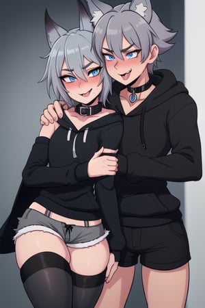 Raff is a grey wolf guy with blue eyes, femboy and is wearing thigh highs and arm sleeves with a black hoodie and shorts on, incredibly horny, mouth wide open smiling with tongue out, he's wearing a collar around his neck, standing , looking sexy, make him look breedable, make him blushing 