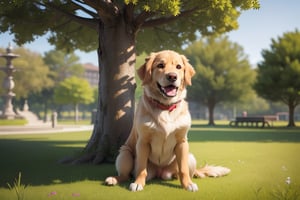 photorealistic golden retriever dog sitting in the park, trees in the background,3D MODEL