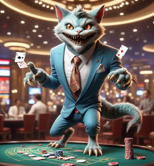 Calico cat,Cat dealer in suit,Masterpiece, highest quality, realistic, very fine and fine details, high resolution, 8K,  Face through_thighs, random_mouth, color_hair,  ahg, sunbright, looking_at_viewer,  gazing at camera, seducing smile, looking at viewer, horny look,  horny, casino, people behind, white y-shirt,   (casino dealer throws cards), in action, acting, holding_item, throws cards, (casino card table), cowboy_shot,tie,male dealer,suit trousers,Flora,cute dragon