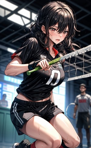 masterpiece, a photo of a woman playing volley ball, blocking pose, jump high,in action, focused and  sweating, wet body, sharp eyes looking forward, curly brown hair, white sleveless shirt, (shorts), LinkGirl,midjourney,animeniji,bbyorf