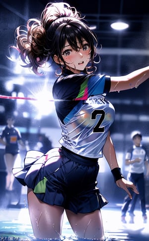 a photo of a woman playing volley ball, blocking pose, jump high,in action, focused and and sweating, wet body, sharp eyes looking forward, curly brown hair, white sleveless shirt,LinkGirl,midjourney,animeniji