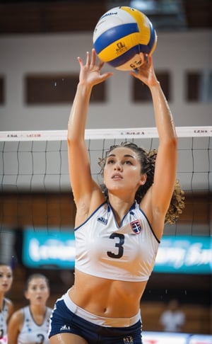 a photo of a woman playing volley ball, blocking pose, jump high,in action, focused and and sweating, wet body, sharp eyes looking forward, curly brown hair, white sleveless shirt,photo r3al,LinkGirl