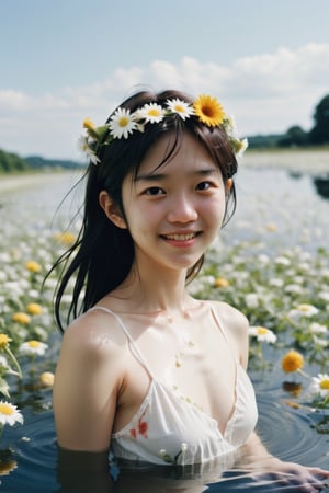 20 - year - old beautiful girl,model in water filled with  flowers, so many flower in the water,A white slip dress,airy and light,bright light,Realistic portrait,art by Rinko Kawauchi, lovely smile,The sun shine on her face,Bright face,Mid-range,in the style of naturalistic poses, vacation dadcore, youthful energy, a coolespression, body extensions, flowers in the sky, super detail,  real skin details, clear pores and fine lines, colourful, covered in the flowers and vines