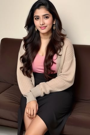 beautiful cute young attractive indian, smart girl, 22 years old, cute, Instagram model , straight standing position, long black_hair, colorful hair, warm, dacing, in home sit at sofa, indian, wearing clothes