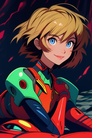 1girl,Asuka_Neon Genesis Evangelion,suit, plugsuit 02, red with a lime green shape on its chest and black along the arms., view full bode,dark blue eyes, ,Smile,  thinning hair hairevery shade between strawberry blonde and  red.Lying face down, head toward the camera,lethal,highres,Mecha body,portrait