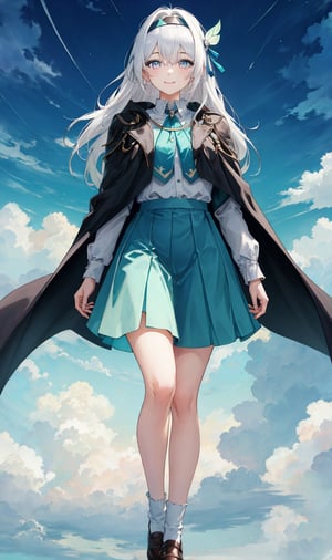 best quality, masterpiece, highres, ,firefly, 1girl, solo, long hair, smile, blue eyes, closed mouth, looking at viewer, outdoors, bangs, long sleeves, hair ornament, hairband, hair between eyes, cloudy sky, turquoise cape, blue sky, star \(sky\), night sky, white hair, full body, white shirt, flowing white skirt, revealing thighs, 