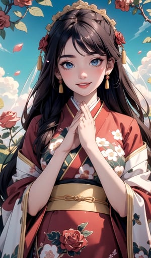 2D, high resolution ,masterpiece, chinese cute 18 year old girl on kimono staring at the photographer, cherry_blossom, detailed blue eyes, soft skin,Masterpiece in UHD, with sharp details. Style inspired by traditional Chinese painting, in an artistic fusion of portrait and nature. | A beautiful Chinese woman is elegantly dressed in a traditional red Chinese garment, standing out amidst a lush background filled with red roses. Her dark hair is delicately combed and adorned with golden accessories, while her face reflects serenity and gracefulness. She is in an elegant pose, with her hands lightly raised in a delicate gesture, as if she were appreciating the beauty of the flowers around her. | The composition of the scene enhances the beauty of the woman and the lushness of the roses, with a viewpoint that highlights her figure centralized amidst the sea of flowers. The soft lighting enhances the details of the garment and the woman's face, creating an atmosphere of serenity and elegance. | The light filtered through the rose petals creates an ethereal effect, adding a touch of magic to the scene. The gentle movement of the petals in the wind adds dynamism to the composition, while the intense red tones provide a sense of warmth and passion. | Portrait of a beautiful Chinese woman in a traditional red garment, amidst a stunning backdrop of red roses. | ((smile)), ((perfect_fingers, perfect_hands, better_hands)), ((More Detail)),
