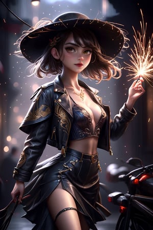 Alluring and hot female, Japanses girl,perfect eyes,flirting, hat, leather jacket, sweet long skirt, sharp focus, studio photo, intricate details, highly detailed, sparks, octane render, 64k, photorealistic concept art, soft natural light, chiaroscuro, masterpiece,Cinematic lighting,art_booster,Tall Height