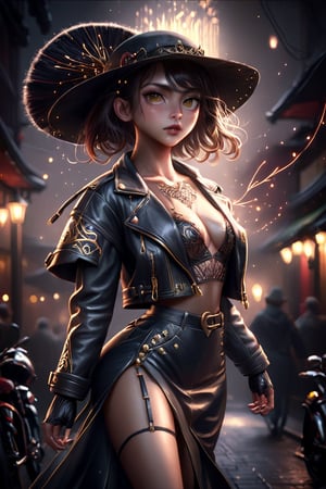Alluring and hot female, Japanses girl,perfect eyes,flirting, hat, leather jacket, sweet long skirt, Trending on Artstation, sharp focus, studio photo, intricate details, highly detailed, sparks, octane render, 64k, photorealistic concept art, soft natural light, chiaroscuro, masterpiece,Cinematic lighting,art_booster,Tall Height