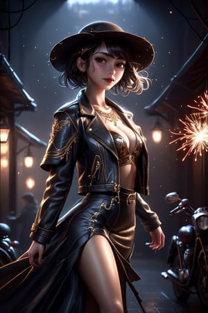Alluring and hot female, Japanses girl,flirting, hat, leather jacket, sweet long skirt, sharp focus, studio photo, intricate details, highly detailed, sparks, octane render, 64k, photorealistic concept art, soft natural light, chiaroscuro, masterpiece,Cinematic lighting,art_booster,