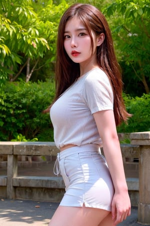 Masterpiece, an asian beautiful girl wearing a white blouse and dark miniskirt,  She is standing in the middle of the park, looking out into the woods in the distance, (from_side:1.1), (cowboy_shot), Soft Focus Lens, best quality, ambient lighting, photorealistic