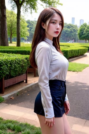 Masterpiece, an asian beautiful girl wearing a white blouse and dark miniskirt,  She is standing in the middle of the park, looking out into the woods in the distance, (from_side:1.2), (cowboy_shot), Soft Focus Lens, best quality, ambient lighting, photorealistic