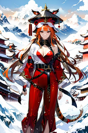 High detail, high quality, masterpiece, beautiful, dark, Asian eyes, tiger ears, white semi-human skin, claws, tiger tail, (orange hair with brown strands, long waves, tied with a ribbon, very high tail), (conical ma guan hat), (burgundy silk zhuji robe), (loose red pants tied at the calf), (wide leather belt with buckle, fringes hanging), black leather boots, metal wristbands on the arm, tall, slim, slender, very muscular, firm expression, stern gaze, slight satisfied smile, 1 adult woman, standing in a military stance, background of a Chinese village, snow, icy mountain.