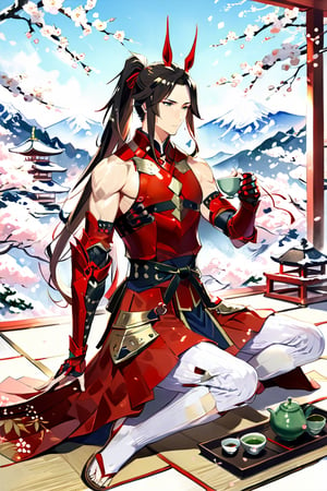 High detail, high quality, masterpiece, beautiful, dark, Asian eyes, horse tail, horse ears, (long dark brown hair, very high ponytail, tied with a thread), (red karuta light armor, metal plates on chest and arms), (metal-knuckled gauntlets), (red umanori tunic, sleeveless), (hakama pants, metal shin guards, thick fabric belt), white tabi socks, woven straw waraji sandals, 1 young man, tall, large, very muscular, sitting on his kneds on the floor drinking green tea, Japanese palace garden, cherry blossoms, icy mountain, snow, tea pitcher, tatami.