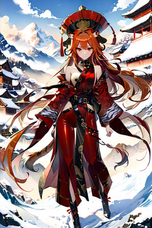 High detail, high quality, masterpiece, beautiful, dark, Asian eyes, tiger ears, white semi-human skin, claws, tiger tail, (orange hair with brown strands, long waves, tied with a ribbon, very high tail), (conical ma guan hat), (burgundy silk zhuji robe), (loose red pants tied at the calf), (wide leather belt with buckle, fringes hanging), black leather boots, metal wristbands on the arm, firm expression, stern gaze, slight satisfied smile, 1 adult woman, standing in a military stance, background of a Chinese village, snow, icy mountain.