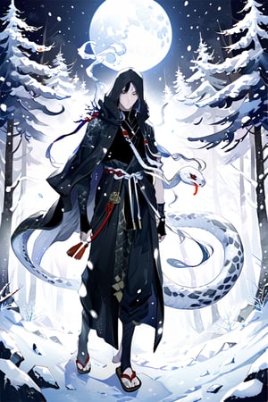 High detail, high quality, masterpiece, beautiful, dark, Asian eyes, snake-like eyes, scaly skin, scales, snake fangss, shinobi attire, (short black hair), (long black hooded robe), black gloves, (loose black fabric pants), long white tabi socks, woven straw waraji sandals, 1 adult man, solo, alone, 1 person, tall, slender, standing and looking forward with a cold, killer gaze, background of a frozen Japanese forest, night, moonlight, snow, snowfall