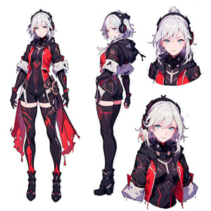 (CharacterSheet:1.2), 1 girl, solo, Blue eyes, ((((White hair:1.2)))) ,((red kongming suit)),headphones around neck,long hair, light smile,muscle_body, strong, fullbody black_bodysuit with red details,casual_wear, gloves, boots, shorts, shirt, tecno_jacket, long-hair,,multiple views (full_body(front_view, back_view),uper_body(front_view, left_view, right_view)),(white background, simple background:1.2),(dynamic_pose:1.2),(masterpiece:1.2), (best quality, highest quality), (ultra detailed), (8k, 4k, intricate), (50mm), (highly detailed:1.2),(detailed face:1.2), detailed_eyes,(gradients),(ambient light:1.3),(cinematic composition:1.3),(HDR:1),Accent Lighting,extremely detailed,original, highres,(perfect_anatomy:1.2), perfect_face:1.2, detailed_anatomy, full_body,