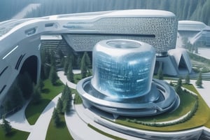 futuristic building, outdoors, tree, no humans, nature, scenery, forest, photo background