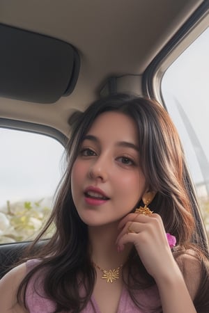 a cute girl black hair brown eyes pink lips shy facial expression wareing pink dress flower in hair wareing gold earrings and necklace big breast  4k HD quality picture hands down 