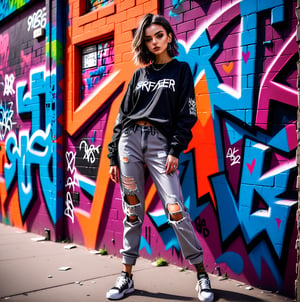 Full-length portrait of a model against a graffiti wall, style: edgy streetwear. Camera setup for a deep field and vibrant colors: 24mm lens, f/4.0, ISO 400, 1/500 sec. –ar 16:9