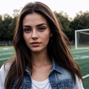 Ultra-detailed photo that appears the entire body in the photo, of a young European woman, wearing denim shorts, white t-shirt, she has long straight black hair, fair skin, perfect detailed face, perfect fingers, symmetrical light golden eyes detailed with circular iris , extremely attractive face, extremely detailed face, model, realistic, real life, perfect realistic photo, realistic and curvy body, hourglass figure, stunning realistic photography, detailed fingers, detailed realistic face, perfect detailed teeth, beautiful fingers, real human nails , perfect detailed skin, small eyes, perfect detailed face with realistic complexion and skin with small pores, small nose, photo model, perfect posture, natural limbs, natural legs, detailed symmetrical eyes, symmetrical eyes, realistic eyes, detailed realistic eyes, ( beautiful closed lips), no makeup, no long neck, no long waist, ideal proportional body, seductive look, gaze aimed at the viewer, captivating facial features, tall, two arms, two legs, one head, (medium breasts), ( medium ass), natural body, realistic body, proportional body, realistic shadows, 8K, UHD, wears denim shorts and a white t-shirt, she is playing football, the background is a small football field without bleachers.

protect all its anatomical elements. The actions are realistic, with no strange limbs or movements. Make sure your hands and fingers are perfect and your eyes are natural.

“wide angle”, full body photo, full pose, cinematic light, with hyper-realistic center, incredible colors, smooth, ultra high definition, Realism, hyper-realism.