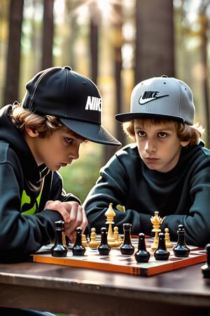 highly detailed, great light reflections, vivid colors, high quality, masterpiece, beautiful, (medium long shot), Two boys, playing chess, chess board, table, chess board on the table, (first subject with camera on hand, taking photos of the board, black Nike sweatshirt, hat, ring on finger, brown eyes, tall, Caucasian), (second subject playing chess, moving a pawn, concentrated, 70's clothing), forest background, wide, blurred background, small rays of light