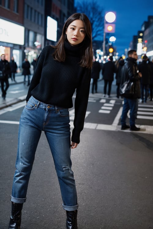 a girl, perfect face, upper body, night city street, from front, facing to viewer, two hands in front of chests, face to face, yuppy style, blue turtleneck sweater, dark denim jeans, leather boots, elegant,