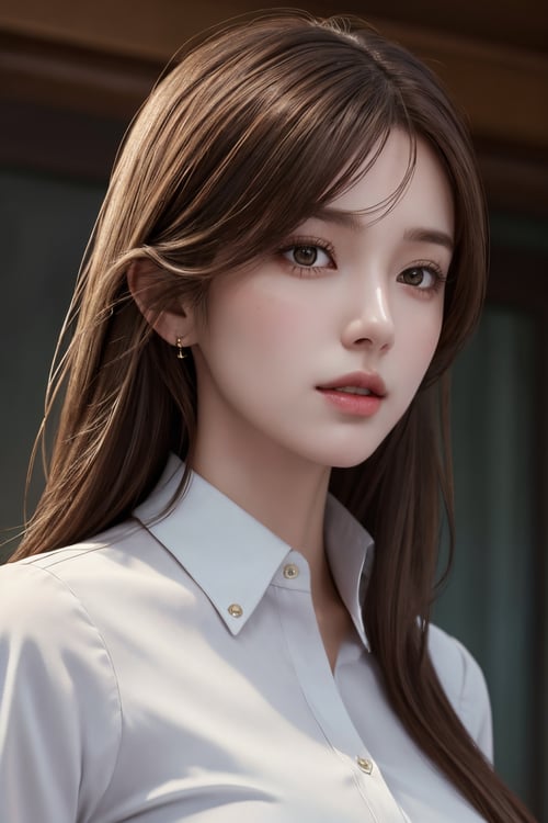 photorealistic, masterpiece, best quality, raw photo, 1girl, solo, long hair, brown hair, detailed face, alluring face, collared shirt, medium breasts, dynamic pose, looking at viewer, from below, detailed background, fine detailed, intricate detail,  ray tracing, depth of field, low key, hdr