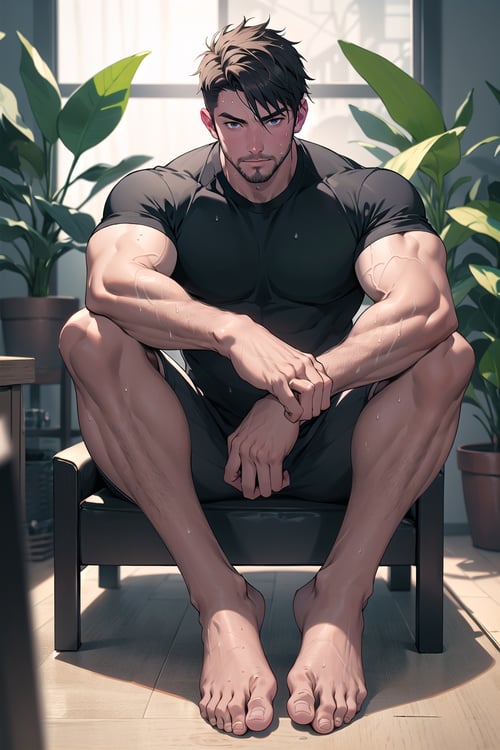 1man,masterpiece,best quality,detailed background,solo,muscular male,stubble,sweat,full body,sitting,separated legs,separated feet,bare_feet,toes,indoors,cozy,plant,depth of field,