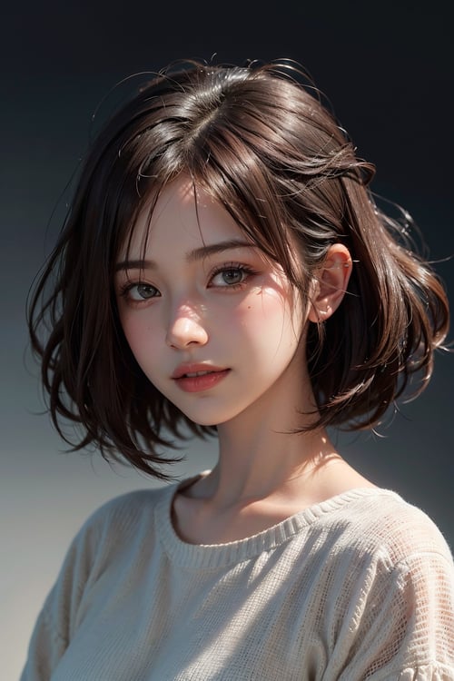 a 20 yo woman, brown hair,long hair,Wavy hair, (hi-top fade:1.3), dark theme, soothing tones, muted colors, high contrast, (natural skin texture, hyperrealism, soft light, sharp),light smile,