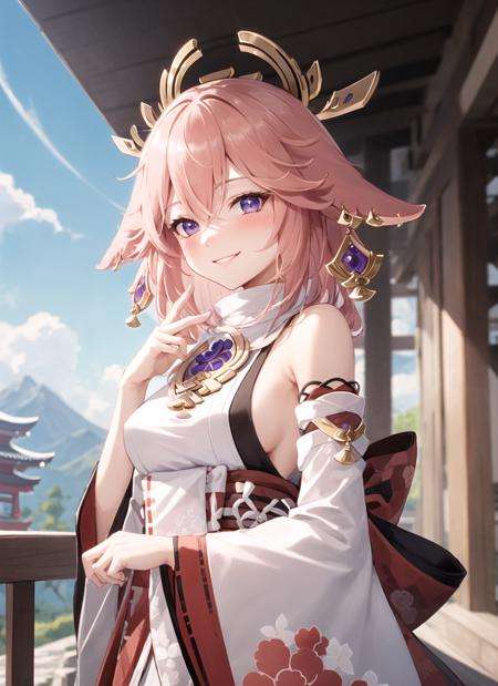<lora:yaemiko1-000008:1>, yaemikodef, upper body, smile, blush, outdoors, day, simple background, blue sky, short hair, sky, temple, looking at viewer, stairs, mountain, moody lighting, facing viewer,