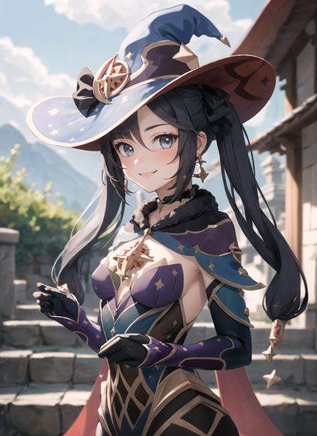 <lora:mona1-000008:1>, monastarpact, upper body, smile, blush, outdoors, day, simple background, blue sky, short hair, sky, temple, looking at viewer, stairs, mountain, moody lighting, facing viewer,