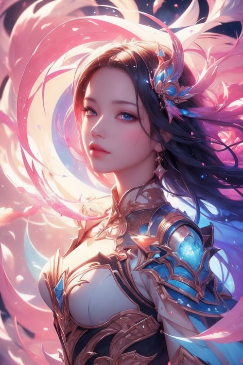 (detailed, sharp details:1.3),(masterpiece:1.3), 1girl, innocent expression, divine armor, multitude of color, colors being sucked into vortex in middle, girl holding vortex, ascension, godly atmosphere, paint splattered around, (central vortex:1.4), (floating particles:1.3), subsurface scattering, skin texture, blush,1 girl