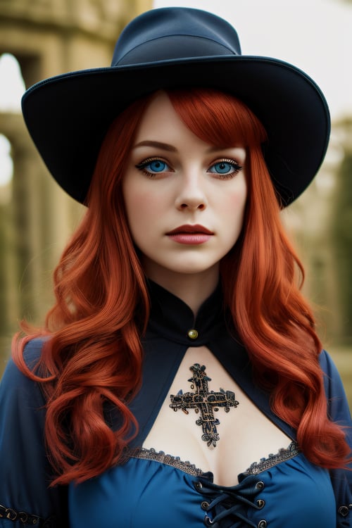 redhead girl, closeup photo, intricate detailed face, upper body of musketeerdress, blue dress, details, hat, cross symbol, boots, full body, PERFECTEYES EYES, 111cine8matic55, bedroomgothic, gothic, , , ,  ,  , 